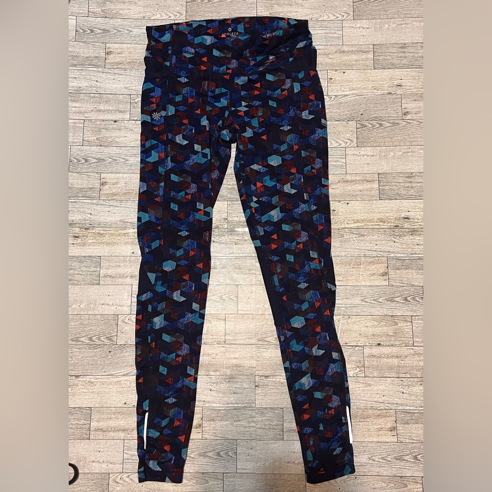 Athleta Be Free Mesh Leggings Womens Size S Blue Geo Stash Pockets Full Length